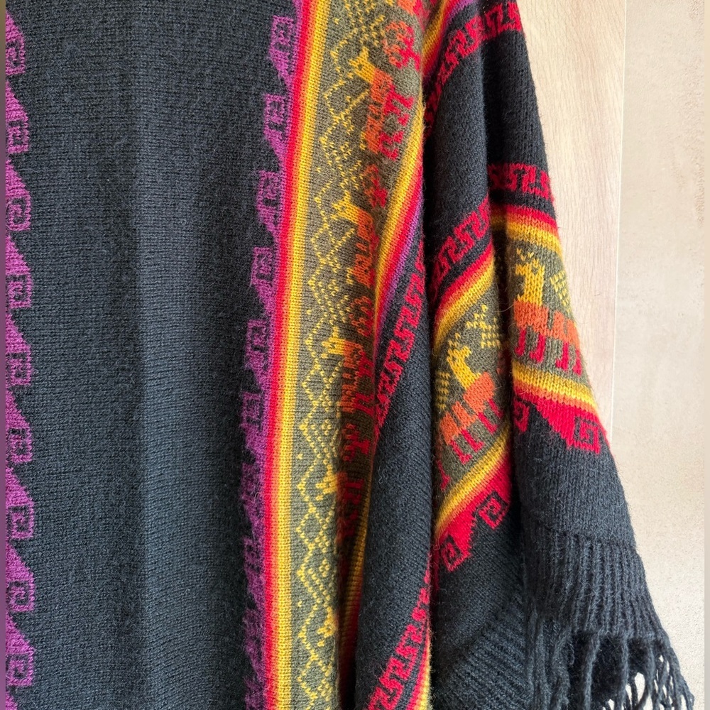 Alpaca Connection Alpaca Wool Ruana Wrap Peru Black Multicolor Unisex OS - Picture 9 of 13